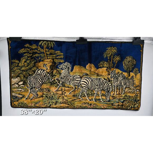 Vintage Zebra Tapestry Wall Hanging – 38"x20" – African Safari Scene - Picture 1 of 6